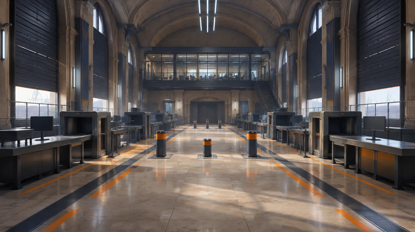 Customs Hall: aula pemeriksaan berlantai batu, meja baja berjajar, bolard oranye di lorong tengah, kantor kaca di mezanin