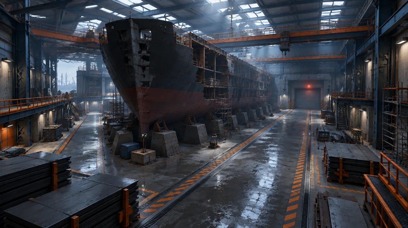 Drydock 9: galangan beratap dengan kapal kargo setengah dibongkar di atas basin kering dan gantry baja melintang