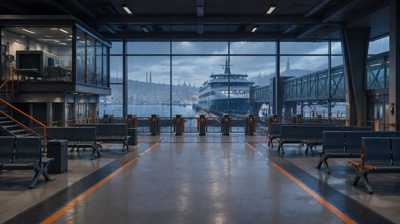 Gangway: aula terminal feri dengan gerbang boarding tertutup, bangku baja, dan satu feri bersandar di balik kaca