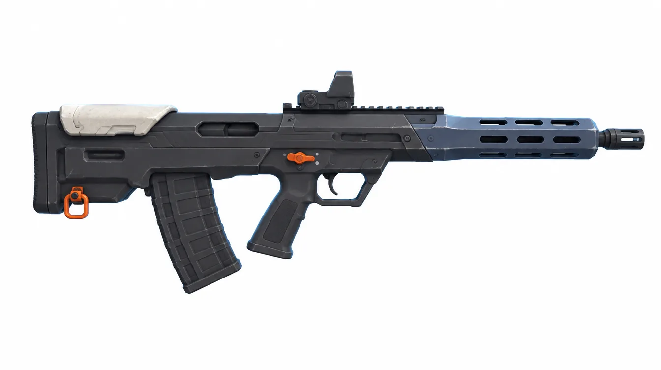 Halberd AR tampak samping: senapan serbu bullpup arang dengan selubung laras biru baja dan bidikan refleks