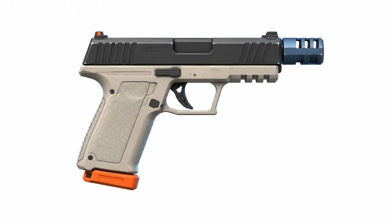 Latch 9 tampak samping: pistol berangka tulang, slide arang, kompensator biru baja, dasar magasin oranye