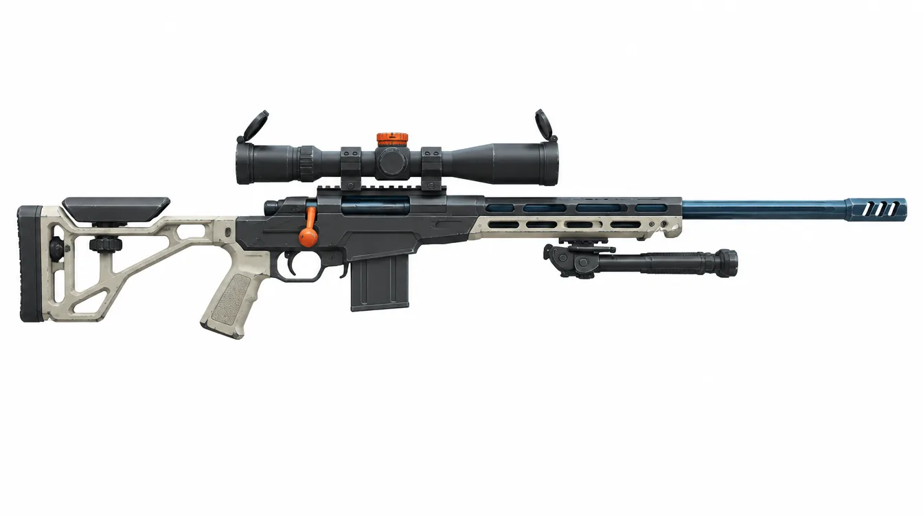 Longshore DMR tampak samping: senapan marksman berlaras panjang biru baja, popor rangka tulang, teropong, dan bipod terlipat