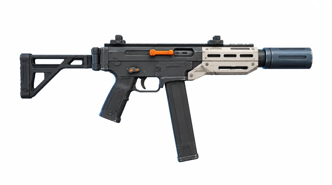 Tern tampak samping: submachine gun ringkas dengan popor lipat, magasin lurus panjang, dan peredam biru baja